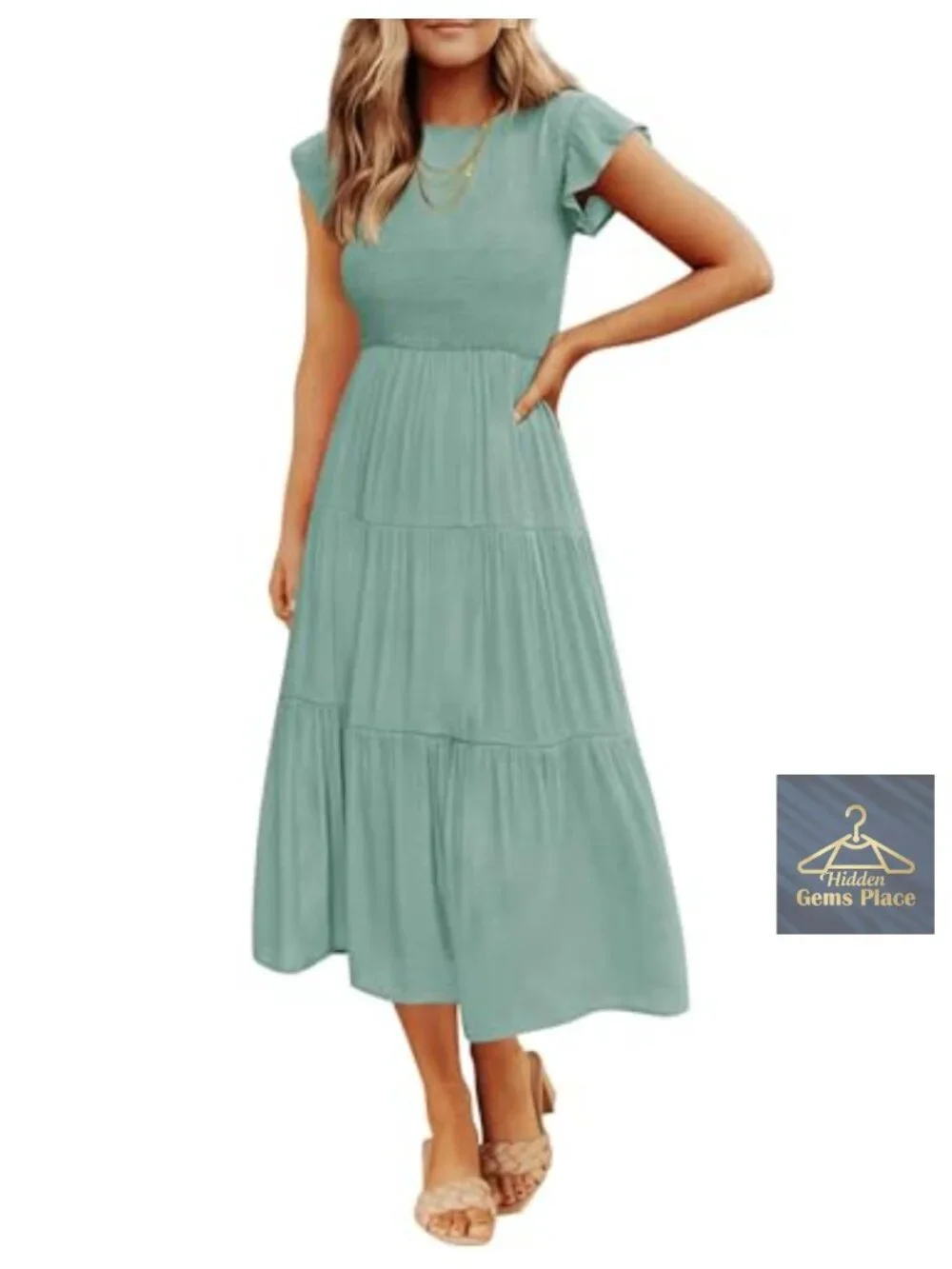 Flutter Short Sleeve Smocked Midi Dress - Crew Neck Elastic Waist Tiered Boho